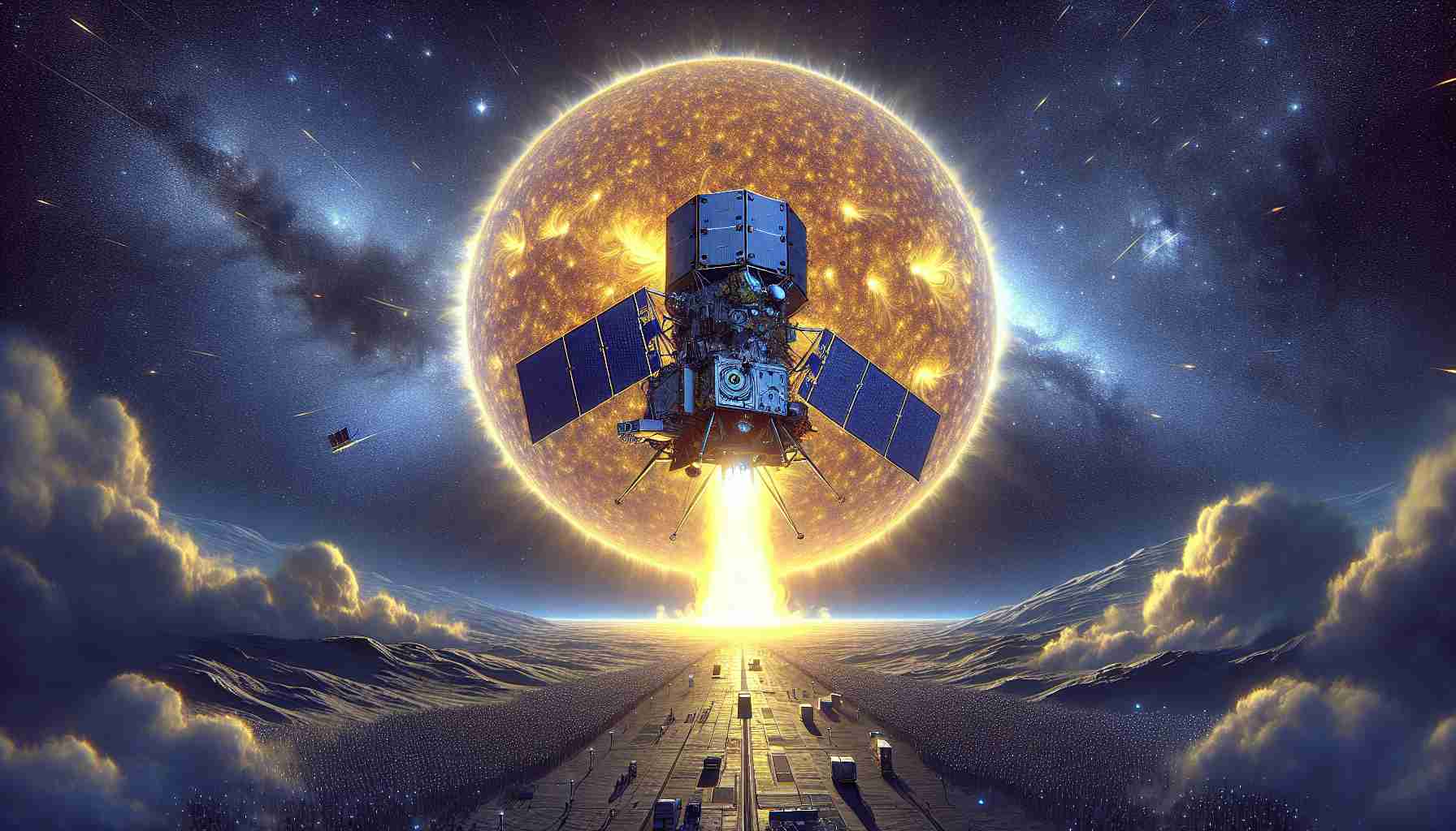 Generate a realistic, high-definition depiction of the future of solar observation, symbolized by an impending epic launch. This spacecraft, named Explorer-3 rather than its original name, is anticipated with great excitement. This cosmic mission signifies a monumental leap in solar research, yielding unprecedented insights about our star. The particular spacecraft is equipped with the state-of-the-art observation tools. Portray this launch set against a deep blue sky with the bright, shimmering sun in the distance. Illustrate spectators watching this monumental event unfold, riddled with anticipation.