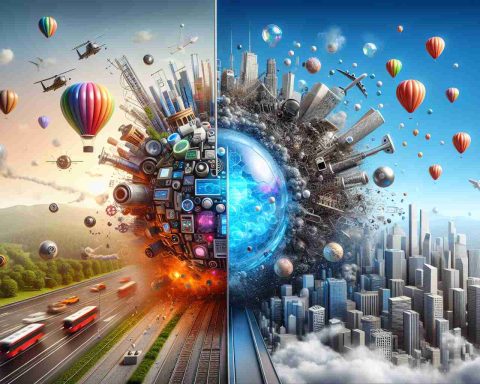 Create a realistic, high-definition image illustrating the future of technology. Show a mixed scene in balance, one half should portray immense growth with modern gadgets, thriving innovation, and rapid advancement while the other half should depict the speculation and uncertainty associated with a tech bubble, including collapsing structures and deflated balloons symbolizing a burst bubble.