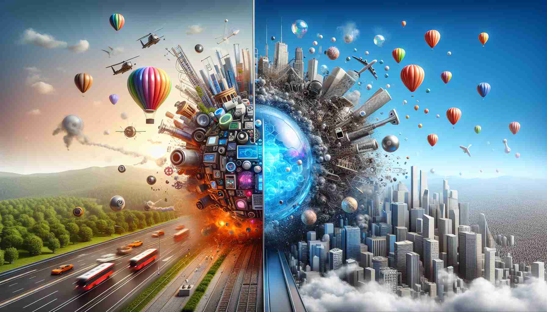 Create a realistic, high-definition image illustrating the future of technology. Show a mixed scene in balance, one half should portray immense growth with modern gadgets, thriving innovation, and rapid advancement while the other half should depict the speculation and uncertainty associated with a tech bubble, including collapsing structures and deflated balloons symbolizing a burst bubble.