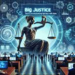 Generate a realistic HD image that symbolizes the concept of 'Big Justice: Tech’s Bold New Frontier. Revolutionizing Fairness with Data'. The visual could include elements like a futuristic courtroom, digital scales of justice balancing data and fairness, screens displaying complex algorithms and data analytics tools, and a diverse mix of people working on advanced computing devices.