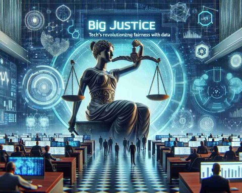 Generate a realistic HD image that symbolizes the concept of 'Big Justice: Tech’s Bold New Frontier. Revolutionizing Fairness with Data'. The visual could include elements like a futuristic courtroom, digital scales of justice balancing data and fairness, screens displaying complex algorithms and data analytics tools, and a diverse mix of people working on advanced computing devices.