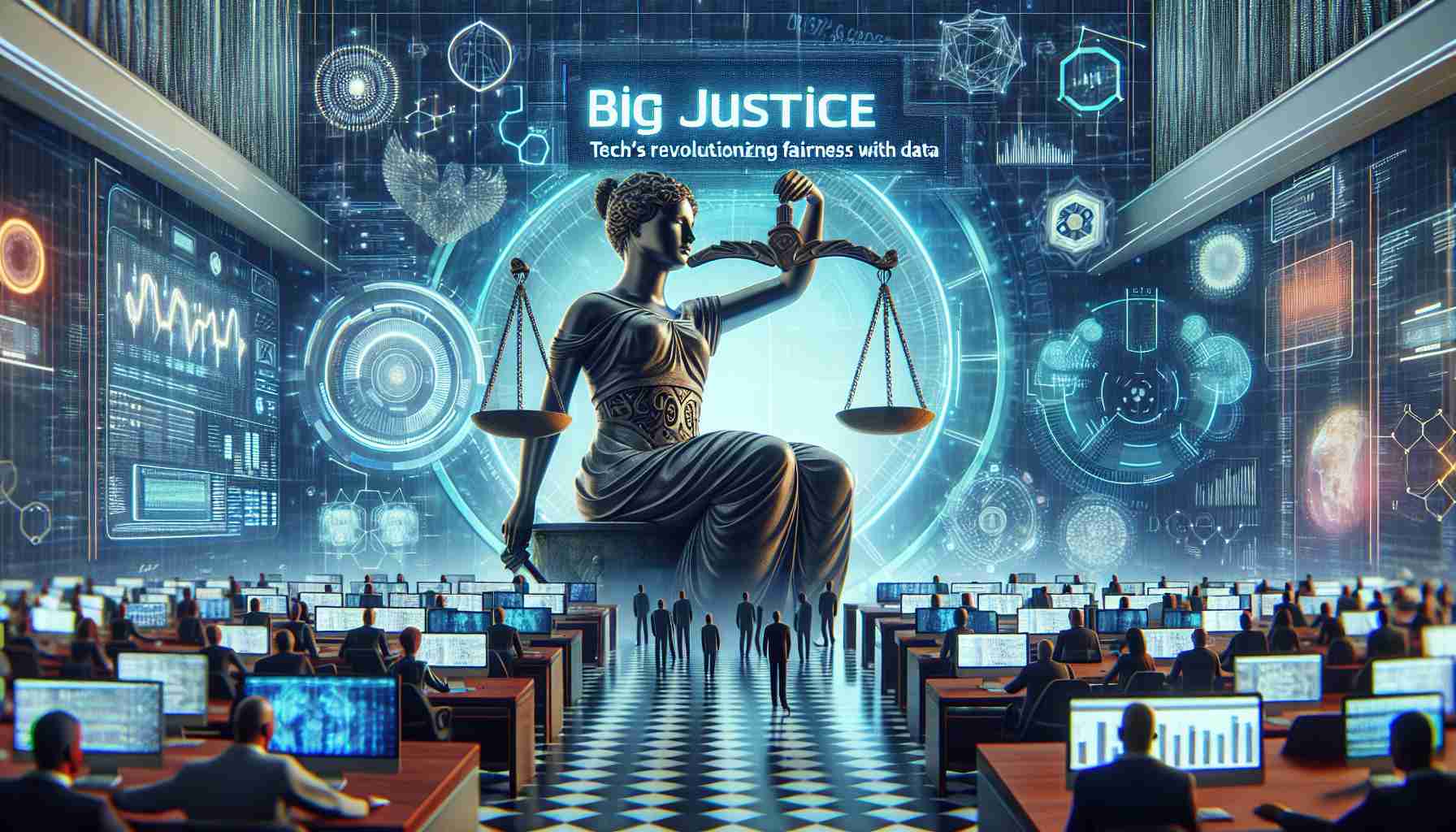 Generate a realistic HD image that symbolizes the concept of 'Big Justice: Tech’s Bold New Frontier. Revolutionizing Fairness with Data'. The visual could include elements like a futuristic courtroom, digital scales of justice balancing data and fairness, screens displaying complex algorithms and data analytics tools, and a diverse mix of people working on advanced computing devices.