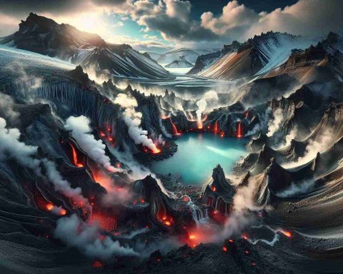 Generate an ultra realistic, high definition image of an iconic volcanic spa, placed perilously in Iceland. This scenery should include the raw nature of volcanoes surrounded by sheer cliffs, the molten lava flows nearby melting ice, adding steam to the cold, clear skies. A dramatic representation of unique thermal spas, born out of volcanic activities, nestled among the perilous, stunning Icelandic landscapes.