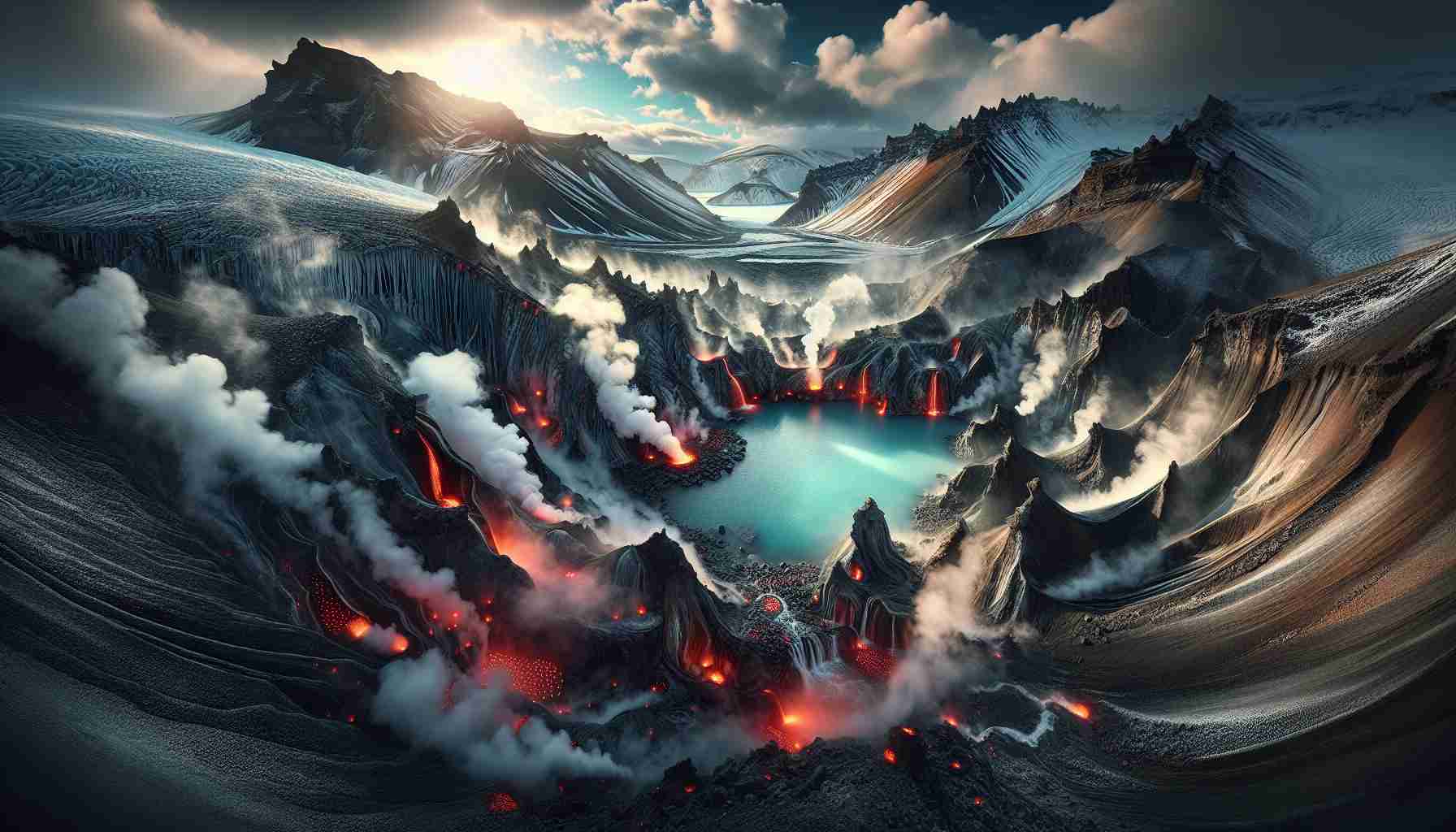 Generate an ultra realistic, high definition image of an iconic volcanic spa, placed perilously in Iceland. This scenery should include the raw nature of volcanoes surrounded by sheer cliffs, the molten lava flows nearby melting ice, adding steam to the cold, clear skies. A dramatic representation of unique thermal spas, born out of volcanic activities, nestled among the perilous, stunning Icelandic landscapes.