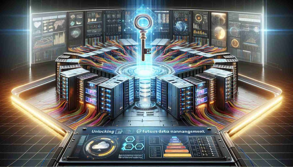 An HD, realistic image featuring future data management concept. Envision a futuristic data center with numerous computer servers in tiered racks, laced with vibrant colored cables. On-screen, graphical representations of data flow and digital analytics appear, indicating active data processing. A symbolic key hovers above the center, radiating light, representing the 'unlocking' of future data capabilities. On the front, a banner displays the text 'Unlocking Future Data Management: Revolutionary Innovations Await'. The image style incorporates a blend of realism and futurism, showcasing the potential of advancing technology.