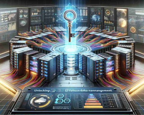 An HD, realistic image featuring future data management concept. Envision a futuristic data center with numerous computer servers in tiered racks, laced with vibrant colored cables. On-screen, graphical representations of data flow and digital analytics appear, indicating active data processing. A symbolic key hovers above the center, radiating light, representing the 'unlocking' of future data capabilities. On the front, a banner displays the text 'Unlocking Future Data Management: Revolutionary Innovations Await'. The image style incorporates a blend of realism and futurism, showcasing the potential of advancing technology.