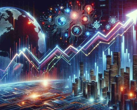 Realistic, high definition depiction of financial stocks, specifically for a micro-technology company, experiencing a surge. The image should also illustrate the notion of how new Artificial Intelligence innovations are contributing to this financial growth. Perhaps render charts or graphs with upward trends, symbols of advanced technology like complex circuits or AI icons, and the overall feeling of a booming technology market.