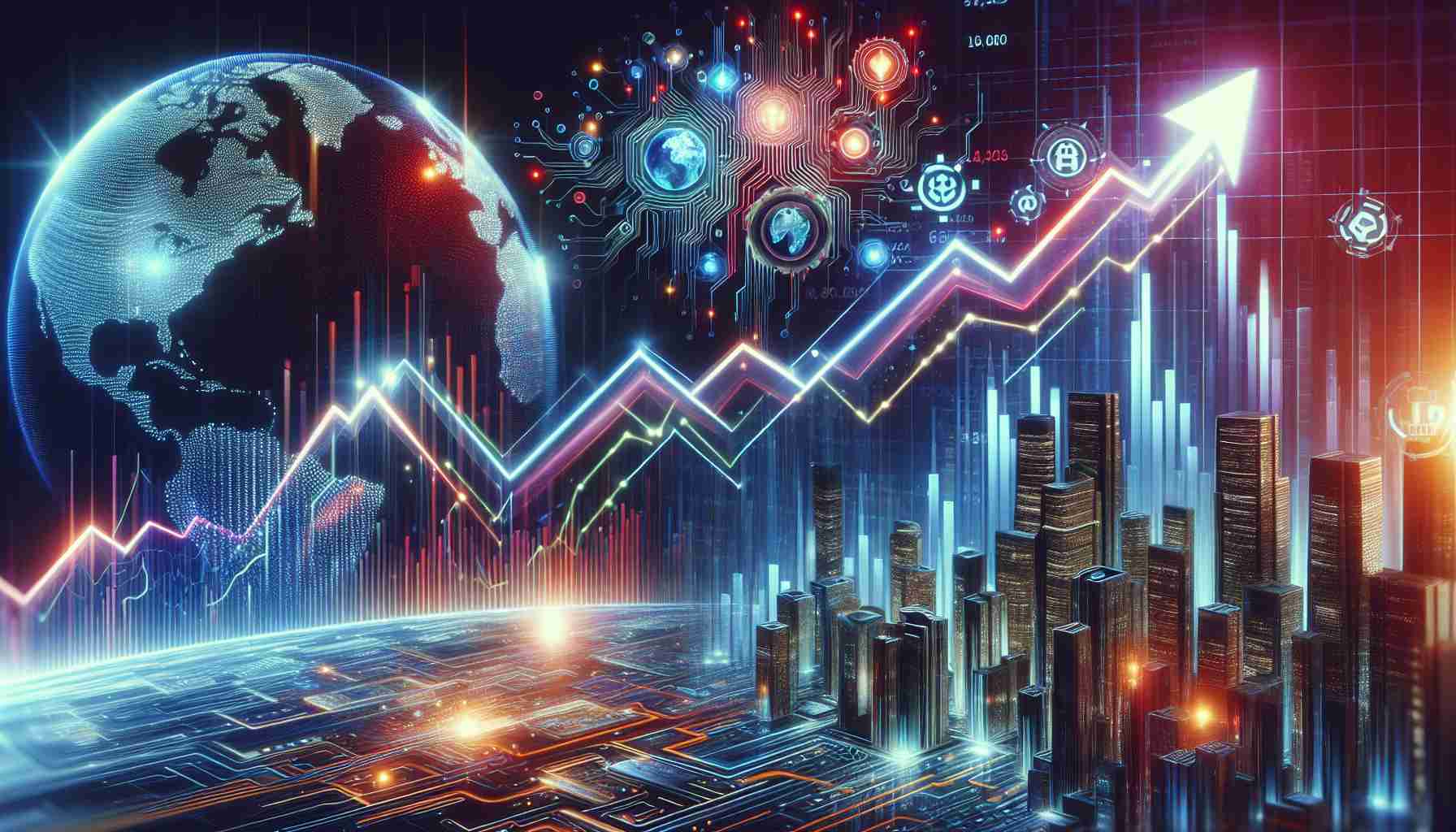 Realistic, high definition depiction of financial stocks, specifically for a micro-technology company, experiencing a surge. The image should also illustrate the notion of how new Artificial Intelligence innovations are contributing to this financial growth. Perhaps render charts or graphs with upward trends, symbols of advanced technology like complex circuits or AI icons, and the overall feeling of a booming technology market.