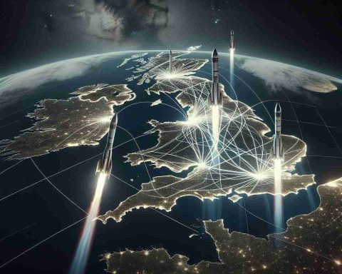 An impactful representation of a major modification in the United Kingdom's space plans, visualizing the new trajectories for future rocket launches. This realistic, high-definition image should capture the grandeur and complexity of the initiative - diagrams or models of futuristic rockets, intricate paths seared across a star-studded skyline, or satellite images of the United Kingdom with marked launch sites might be included.