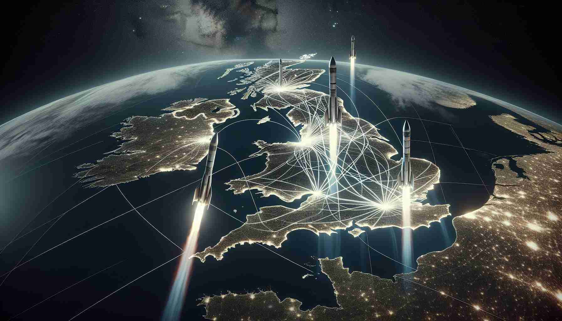 An impactful representation of a major modification in the United Kingdom's space plans, visualizing the new trajectories for future rocket launches. This realistic, high-definition image should capture the grandeur and complexity of the initiative - diagrams or models of futuristic rockets, intricate paths seared across a star-studded skyline, or satellite images of the United Kingdom with marked launch sites might be included.