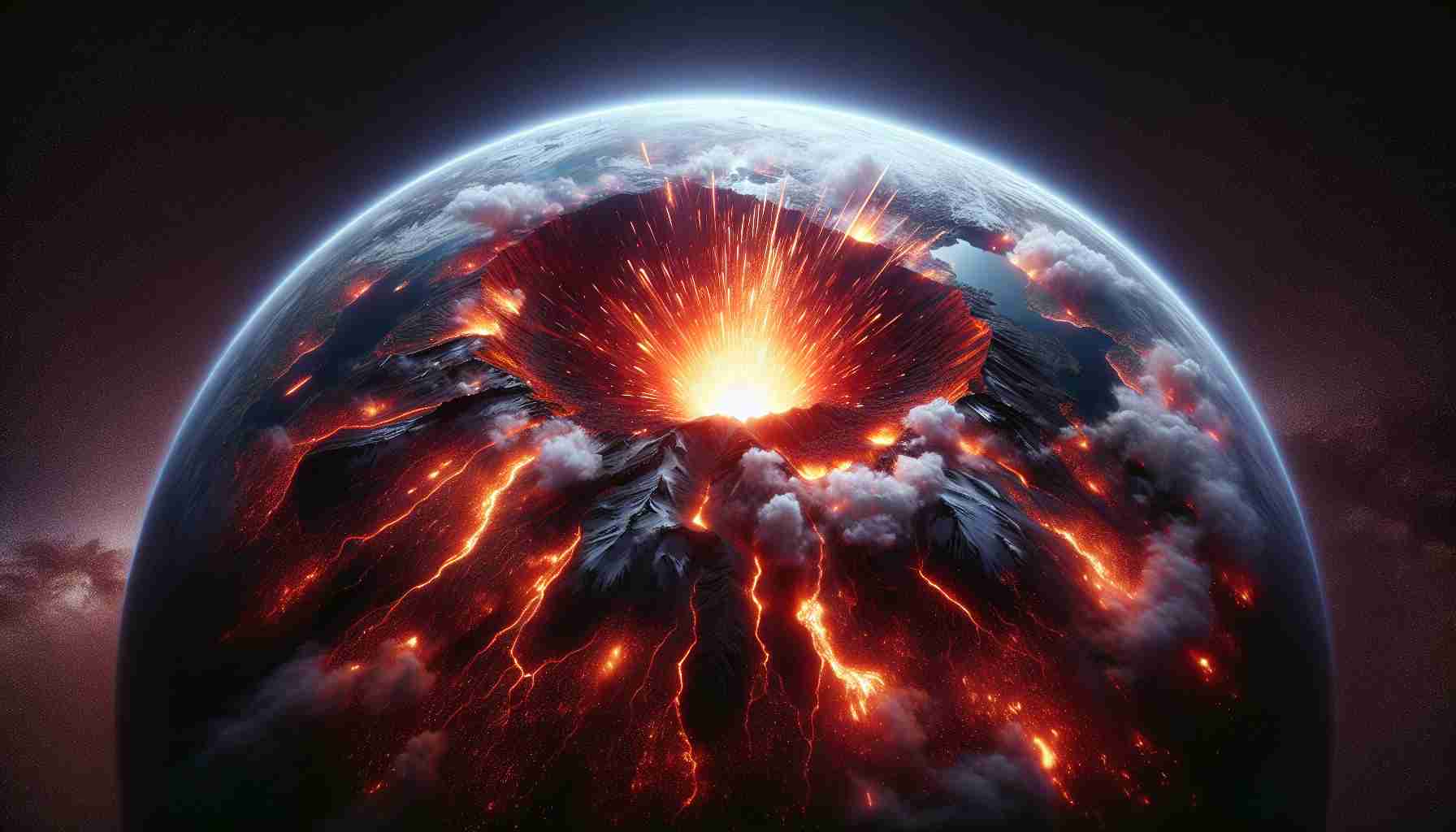 Generate a high definition, realistic image of a magnificent display of volcanic eruption in Iceland, visible from space. The scope of view focuses on the Earth from outer space, revealing the dynamic explosion of volcanic lava illuminating the surrounding atmosphere. Capture the stark contrast between the fiery lava and the cold, dark void of space, giving the image a dramatic and spectacular sight unseen on Earth.