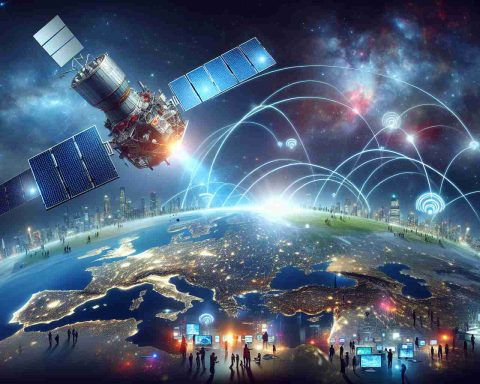 A high-definition, realistic representation of a new era in satellite technology that's revolutionizing connectivity. The illustrative image should include an advanced satellite in space, iconic digital signals being transmitted to Earth, demonstrating leaps in communication. On Earth's surface, there could be various global cityscapes lit up, symbolizing the worldwide impact of this technology, with diverse people of various descents engaging with technology, implying a new era of unparalleled connectivity.