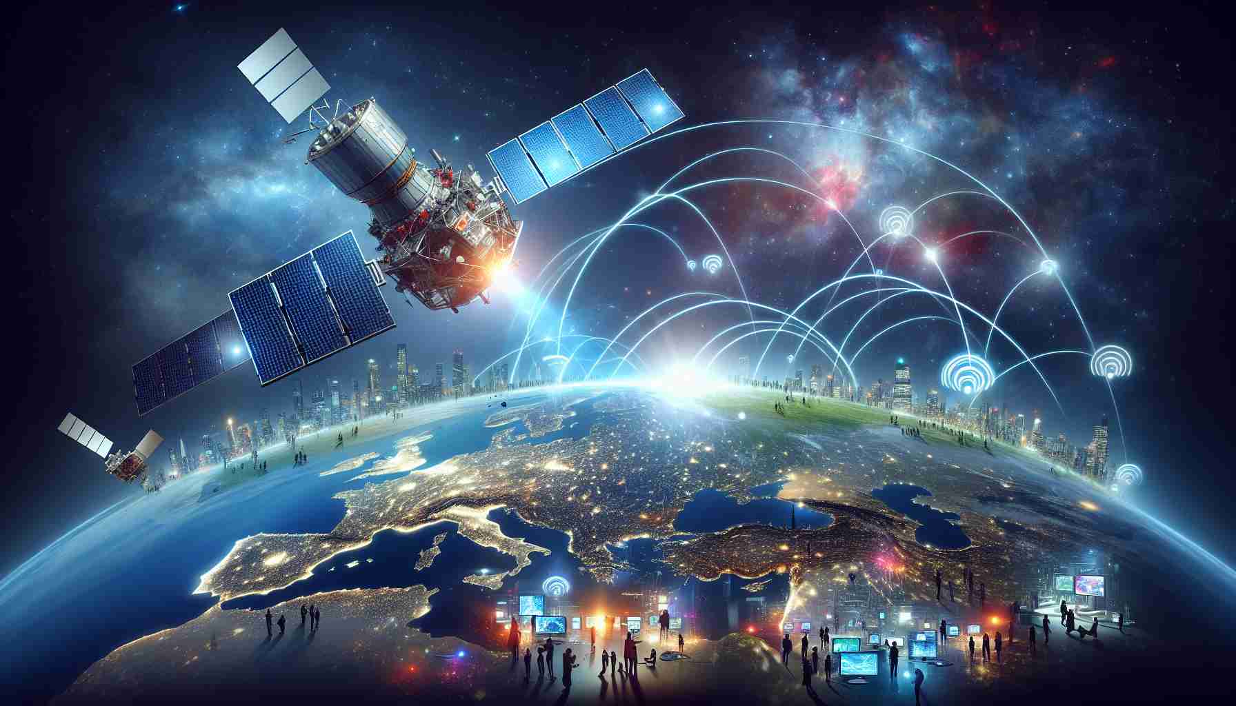 A high-definition, realistic representation of a new era in satellite technology that's revolutionizing connectivity. The illustrative image should include an advanced satellite in space, iconic digital signals being transmitted to Earth, demonstrating leaps in communication. On Earth's surface, there could be various global cityscapes lit up, symbolizing the worldwide impact of this technology, with diverse people of various descents engaging with technology, implying a new era of unparalleled connectivity.