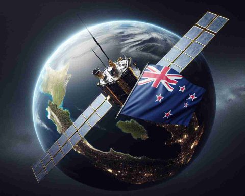 Create a realistic high-definition image that portrays the groundbreaking venture of New Zealand into space, by launching a satellite of its own. The image should include the satellite in space with the earth in the background, specifically indicating New Zealand's geographic location. In the satellite, illustrate New Zealand's flag or other symbol representative of the nation. Remember to make the picture reflect the novelty, pride, and ambition of the country in this significant achievement.