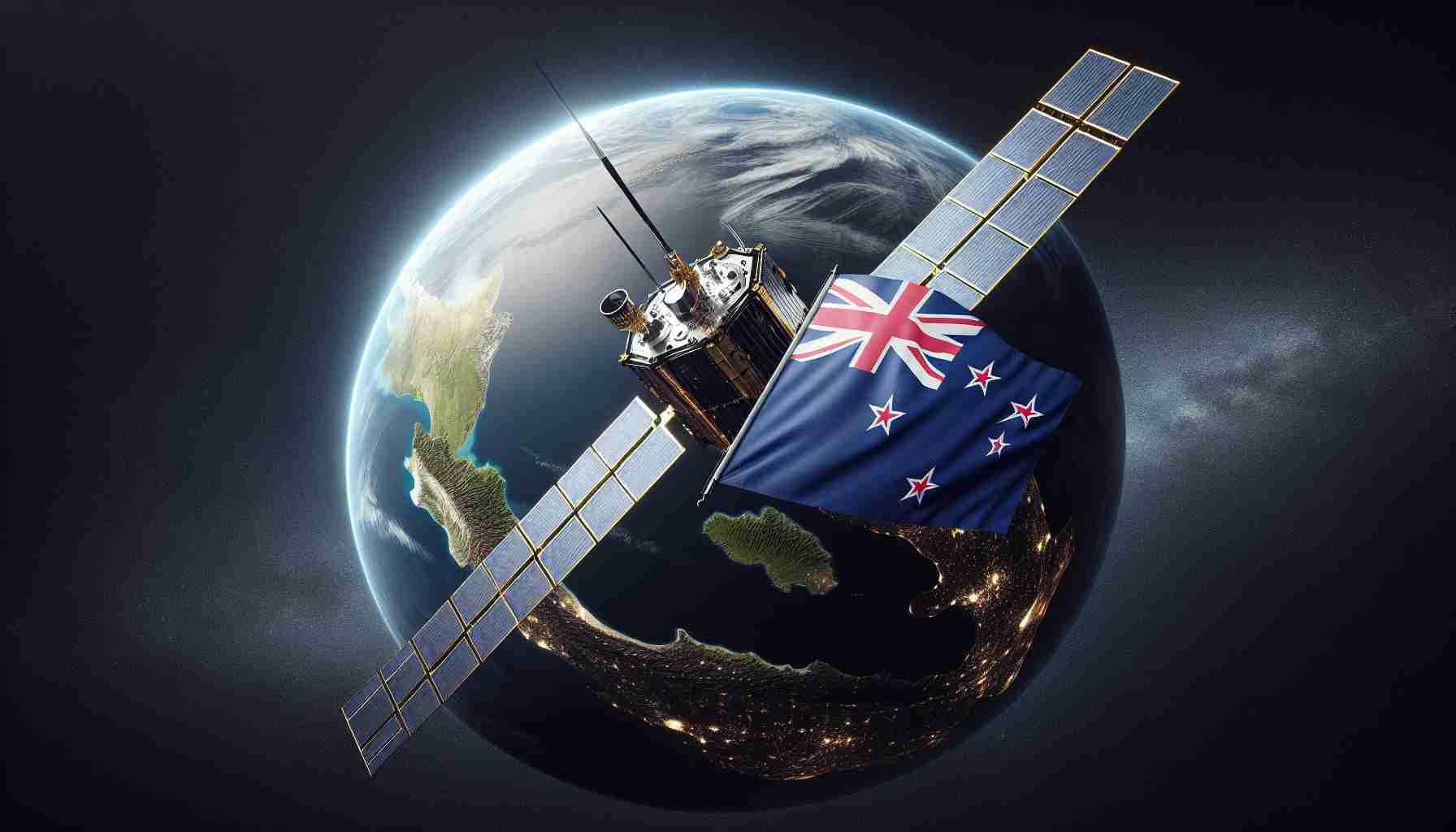 Create a realistic high-definition image that portrays the groundbreaking venture of New Zealand into space, by launching a satellite of its own. The image should include the satellite in space with the earth in the background, specifically indicating New Zealand's geographic location. In the satellite, illustrate New Zealand's flag or other symbol representative of the nation. Remember to make the picture reflect the novelty, pride, and ambition of the country in this significant achievement.