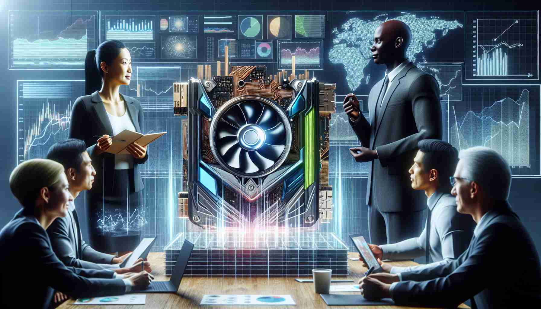 High-definition realistic depiction of the concept: 'Is Nvidia the Best Artificial Intelligence Investment? Financial Professionals Consider'. The image portrays a high-tech market scene where diverse financial professionals - an Asian woman and a Black man are shown discussing and weighing the benefits and risks of Nvidia as an Artificial Intelligence investment. They are surrounded by digital charts, graphs and other financial data relevant to Nvidia's position in the AI market.