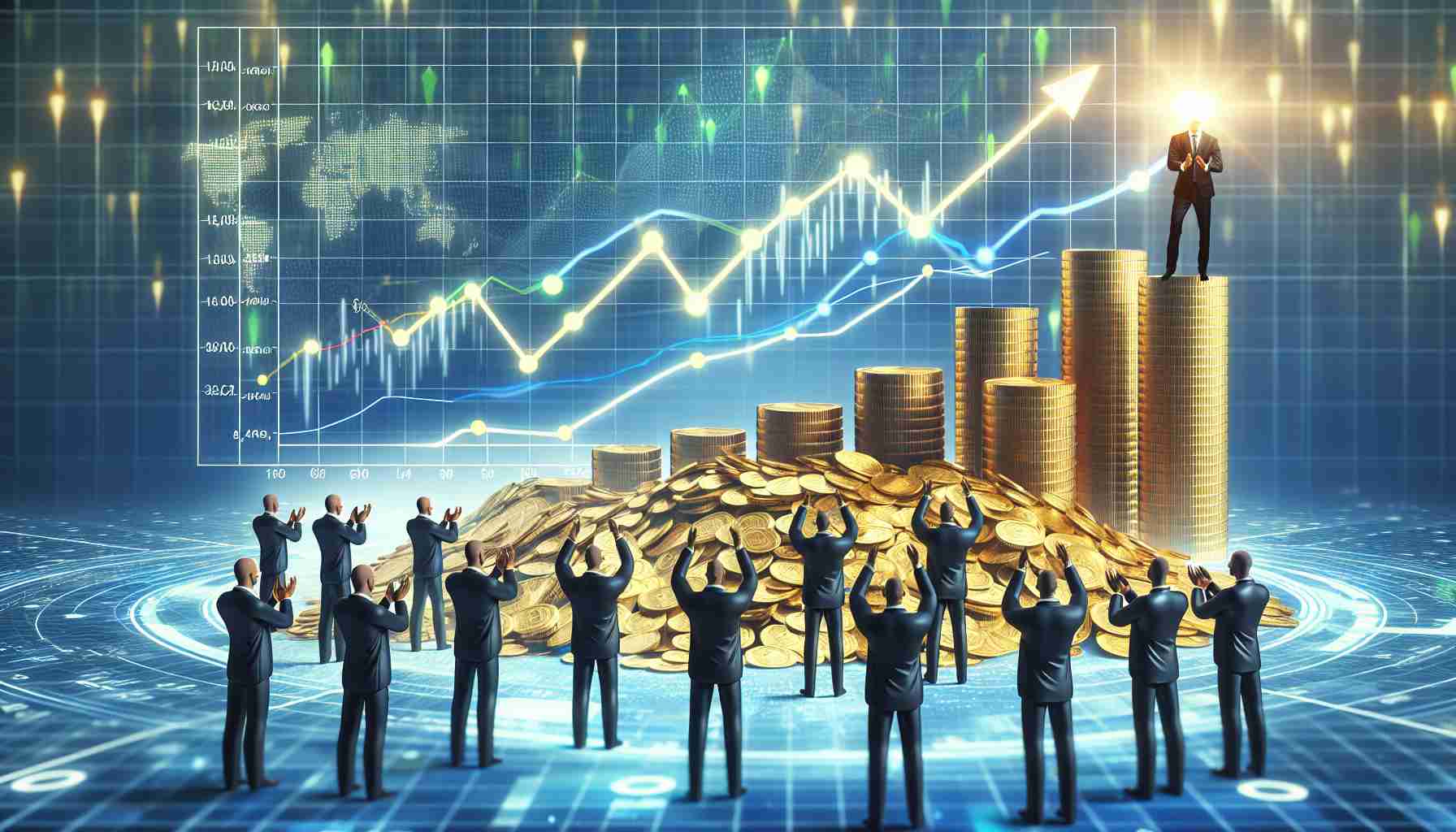 Generate a high definition, realistic image depicting a metaphorical representation of a significant increase in investments for a data analytics company. The scene could include a graph with an umptying upward trajectory and other symbolic images, such as investors applauding or piles of golden coins, to metaphorically represent investing.