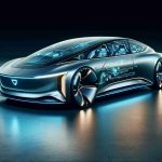 A hyper-realistic high-definition photo of a futuristic, luxury electric car showcasing revolutionary technology. The vehicle exhibits striking design elements indicative of advanced AI-driven features such as futuristic LED lighting, streamlined body shape, luxurious interior and cutting edge digital interfaces. Its design speaks of a future when sophisticated artificial intelligence systems will drive automotive luxury.