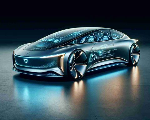 A hyper-realistic high-definition photo of a futuristic, luxury electric car showcasing revolutionary technology. The vehicle exhibits striking design elements indicative of advanced AI-driven features such as futuristic LED lighting, streamlined body shape, luxurious interior and cutting edge digital interfaces. Its design speaks of a future when sophisticated artificial intelligence systems will drive automotive luxury.