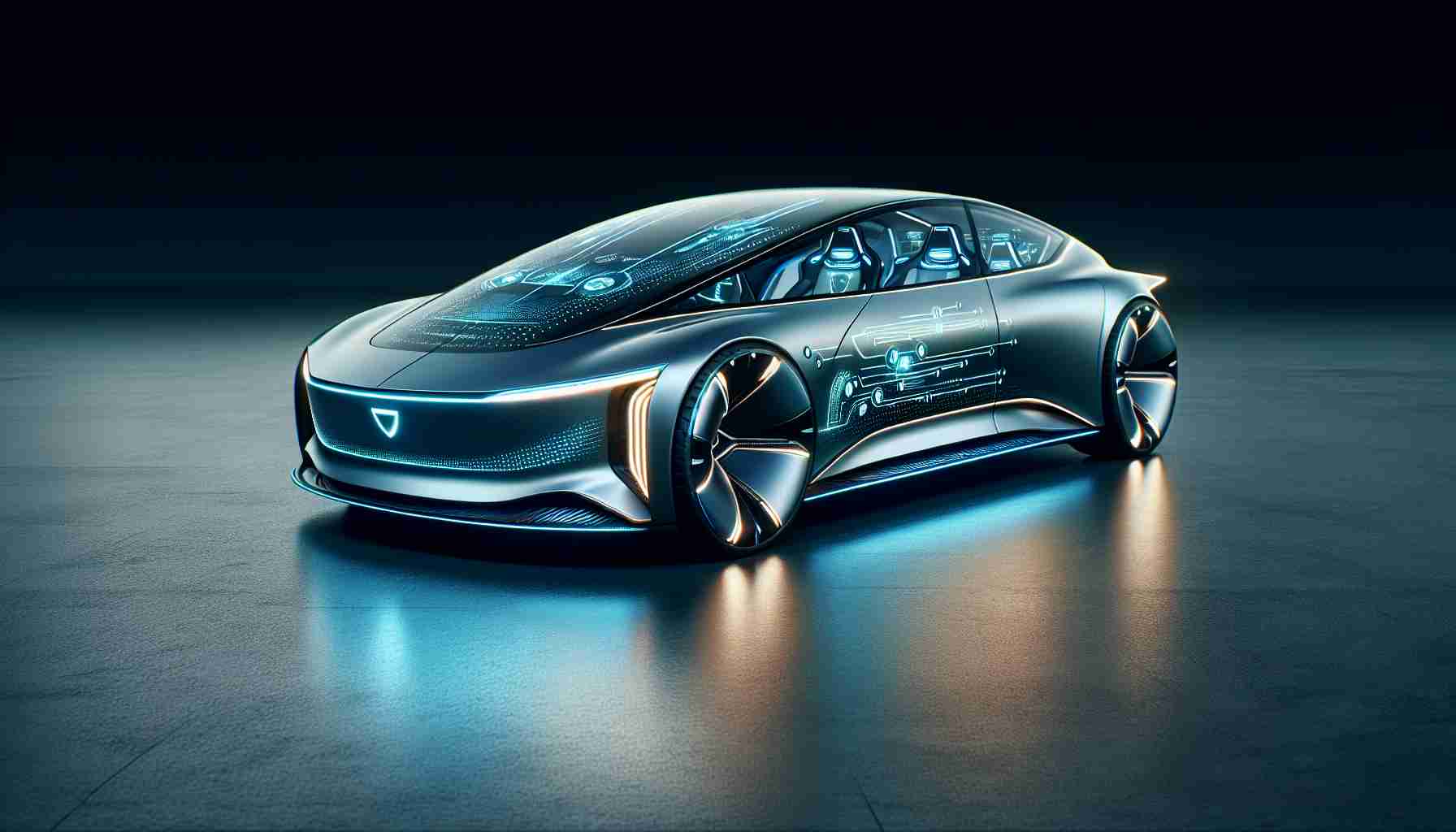 A hyper-realistic high-definition photo of a futuristic, luxury electric car showcasing revolutionary technology. The vehicle exhibits striking design elements indicative of advanced AI-driven features such as futuristic LED lighting, streamlined body shape, luxurious interior and cutting edge digital interfaces. Its design speaks of a future when sophisticated artificial intelligence systems will drive automotive luxury.