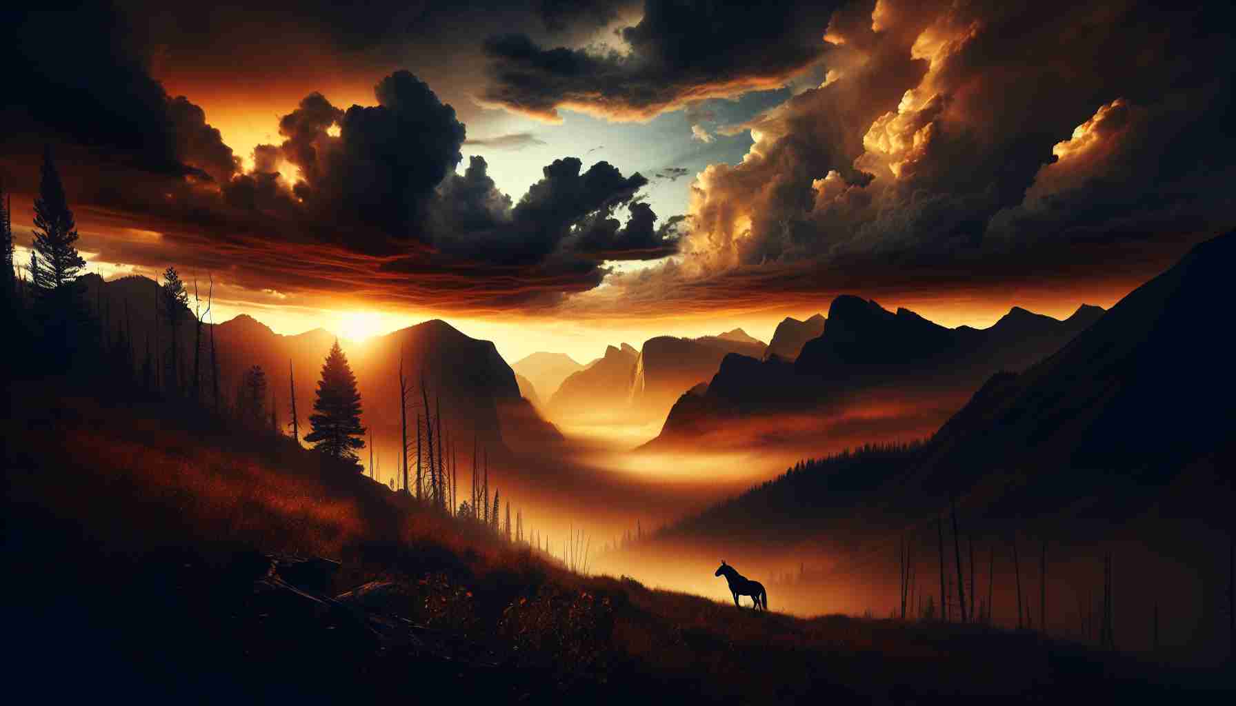 Generate a realistic, high-definition image capturing the essence of secrets, lies, and betrayal, as the tension escalates in a place resembling the Yellowstone region. Picture a dramatic sunset over the mountainous landscape, with dense clouds looming ominously. Foreground should include a silhouetted wildlife, suggesting an intense atmosphere. No specific real persons or copyrighted characters should be depicted.