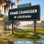 Create a hyper-realistic, high-definition image showcasing a large-scale metaphorical investment in artificial intelligence. Design a sign with the phrase, 'Game-Changer in Louisiana'. The setting should be the visually distinctive landscapes of Louisiana, with its bayous and cypress trees in the background.