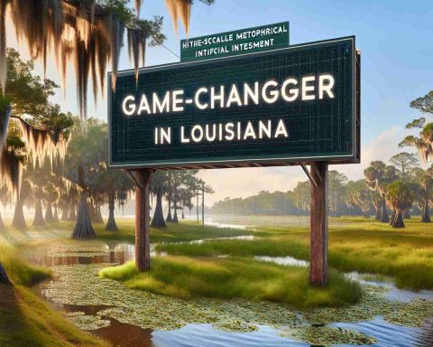 Create a hyper-realistic, high-definition image showcasing a large-scale metaphorical investment in artificial intelligence. Design a sign with the phrase, 'Game-Changer in Louisiana'. The setting should be the visually distinctive landscapes of Louisiana, with its bayous and cypress trees in the background.