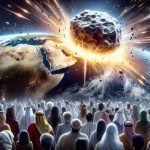 A high-definition, realistic illustration of an asteroid striking Earth with blinding speed. Thousands of people from various descents and genders, including Caucasian women, Black men, South Asian children, and Middle-Eastern elders, stand at safe distances, watching this awe-inspiring spectacle. Bursts of light and sparks arise from the point of impact, while the sky above ripples with the sheer force of the event.