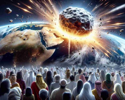 A high-definition, realistic illustration of an asteroid striking Earth with blinding speed. Thousands of people from various descents and genders, including Caucasian women, Black men, South Asian children, and Middle-Eastern elders, stand at safe distances, watching this awe-inspiring spectacle. Bursts of light and sparks arise from the point of impact, while the sky above ripples with the sheer force of the event.