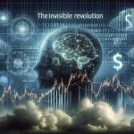 A realistic high-definition image depicting the metaphorical concept of 'The Invisible Revolution': The impact of AI and Big Data on the finance industry. The image includes symbols of both AI and Big Data (such as a neural net or a cloud of numbers) dramatically influencing imagery related to finance (like stock charts and currency symbols). The overall tone suggests a hidden, yet profound, transformation.