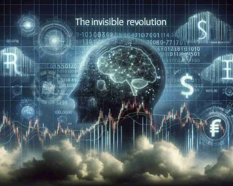 A realistic high-definition image depicting the metaphorical concept of 'The Invisible Revolution': The impact of AI and Big Data on the finance industry. The image includes symbols of both AI and Big Data (such as a neural net or a cloud of numbers) dramatically influencing imagery related to finance (like stock charts and currency symbols). The overall tone suggests a hidden, yet profound, transformation.