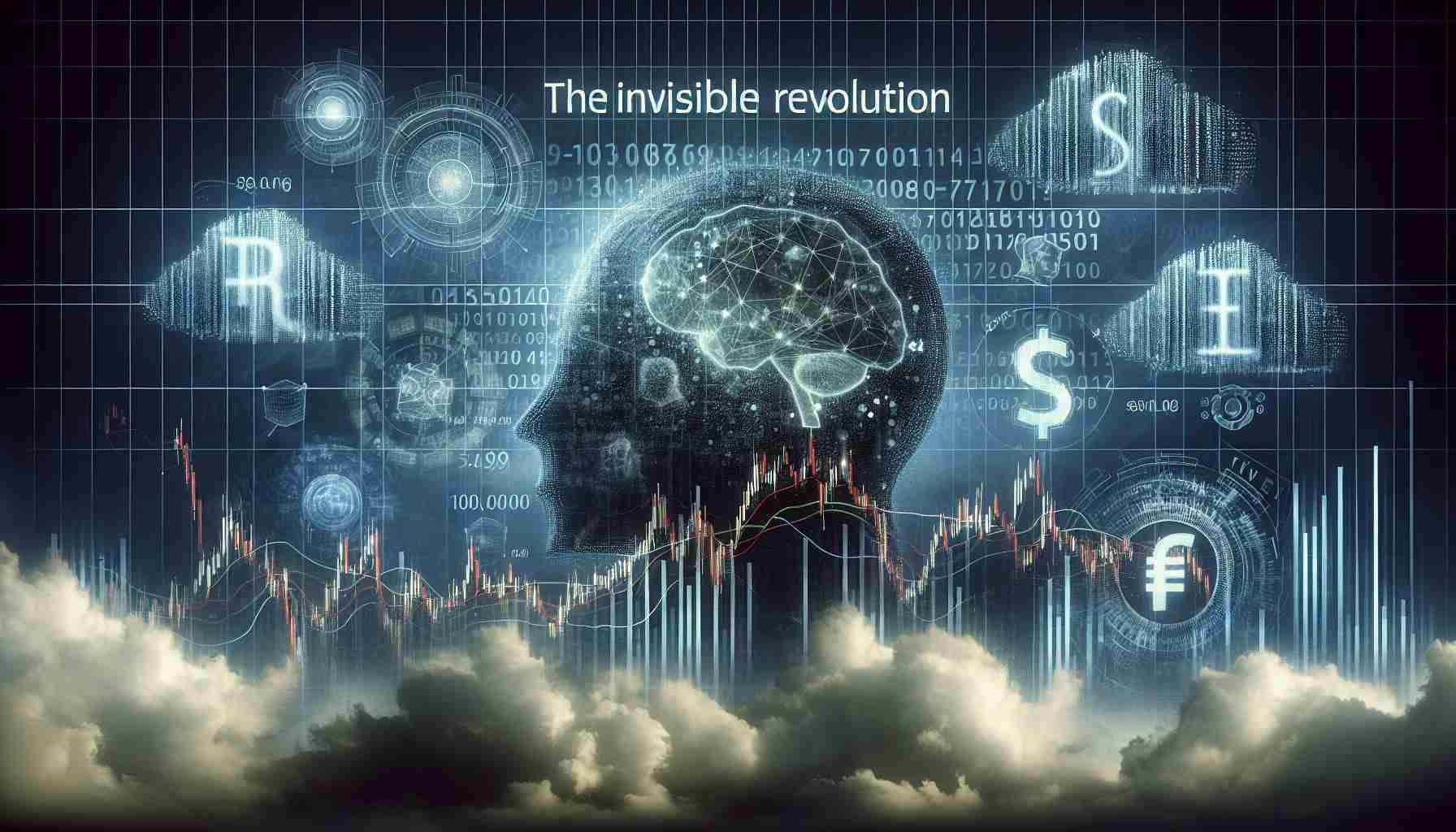 A realistic high-definition image depicting the metaphorical concept of 'The Invisible Revolution': The impact of AI and Big Data on the finance industry. The image includes symbols of both AI and Big Data (such as a neural net or a cloud of numbers) dramatically influencing imagery related to finance (like stock charts and currency symbols). The overall tone suggests a hidden, yet profound, transformation.