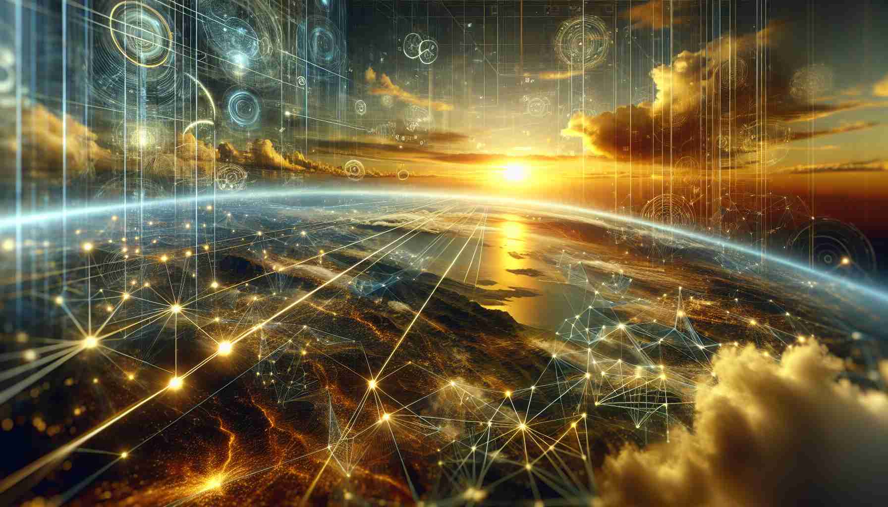 A highly detailed and realistic image representing the concept of universal connectivity. A horizon is visible, bathed in the golden hues of a sunrise or sunset, symbolizing the dawn of a new era. A network of glowing lines crisscross the sky above, representing connections and data transmission around the globe. Abstract depictions of various hardware and digital interfaces are subtly incorporated into the landscape – symbols of the internet, satellites, servers, and data centers. They've all meshed seamlessly with the natural world, symbolizing the revolutionary shift towards pervasive, global connectivity.