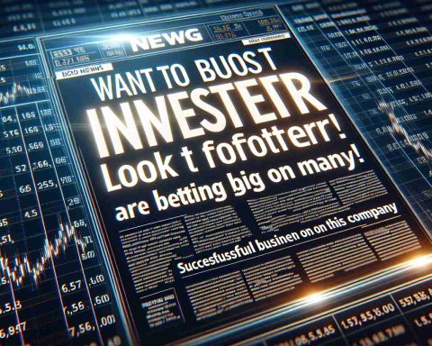 An HD image displaying a realistic representation of a news headline which reads: 'Want to Boost Your Investments? Look No Further! Successful Business People Are Betting Big on This Company'. The headline is bold and is positioned centrally. The font is strong and clear, designed to attract the reader's attention. Behind the text is a backdrop featuring the stock market charts, with lines indicating the rise and fall of shares values, symbolizing the fluctuation and dynamics of the investment industry.