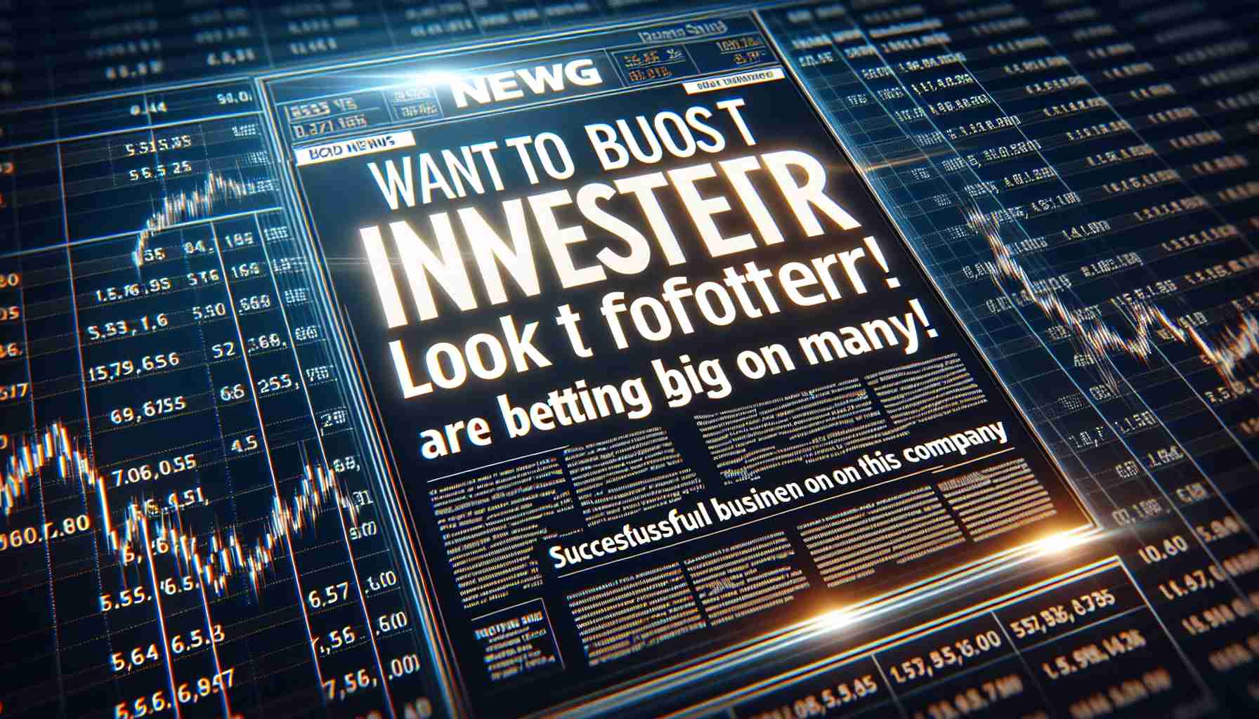 An HD image displaying a realistic representation of a news headline which reads: 'Want to Boost Your Investments? Look No Further! Successful Business People Are Betting Big on This Company'. The headline is bold and is positioned centrally. The font is strong and clear, designed to attract the reader's attention. Behind the text is a backdrop featuring the stock market charts, with lines indicating the rise and fall of shares values, symbolizing the fluctuation and dynamics of the investment industry.