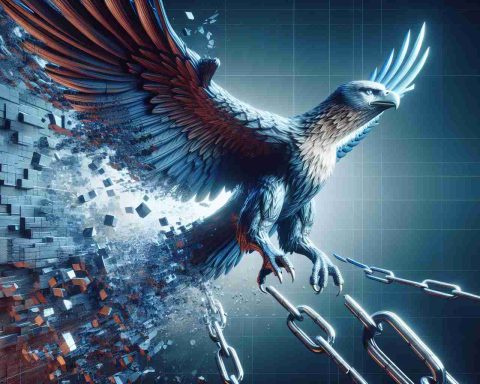 Detailed and realistic high-definition illustration that visualizes the concept of a tech-based company, embodied as a soaring eagle breaking free from its chains, symbolizing its sudden growth in the stock market due to a recently established significant partnership.