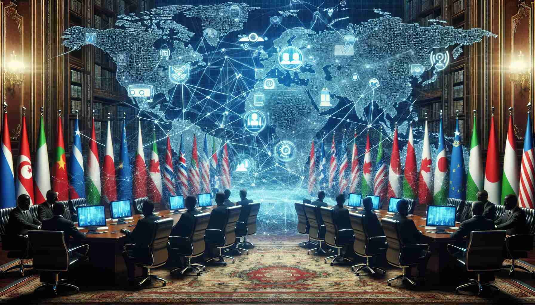 A realistic high-definition image depicting the concept of disruption in diplomatic relations due to advances in technology. This could include a backdrop of a global map interconnected with digital networks, symbolizing the global politics. In the foreground, traditional symbols of diplomacy like meeting rooms, handshakes or flag exchanges are confronted with modern symbols of technology like computers, social media icons, or digital communication tools.