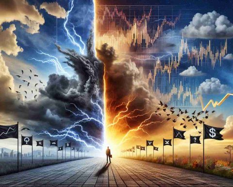 A high-definition, realistic image showcasing the concept of a revolution in the metaphorical form. An image with contrasting elements representing peace and turbulence. In the sky, dense dark clouds burst open with dramatic flashes of lightning, while the other half is calm with a warm sunrise, portraying the drastic changes imitating revolution. On the ground, symbols of stock market surprises, such as plummeting graphs and soaring charts, are illustrated on banners held by symbolic figures, emphasizing aspects of the financial world that are unexpected and cannot be ignored.