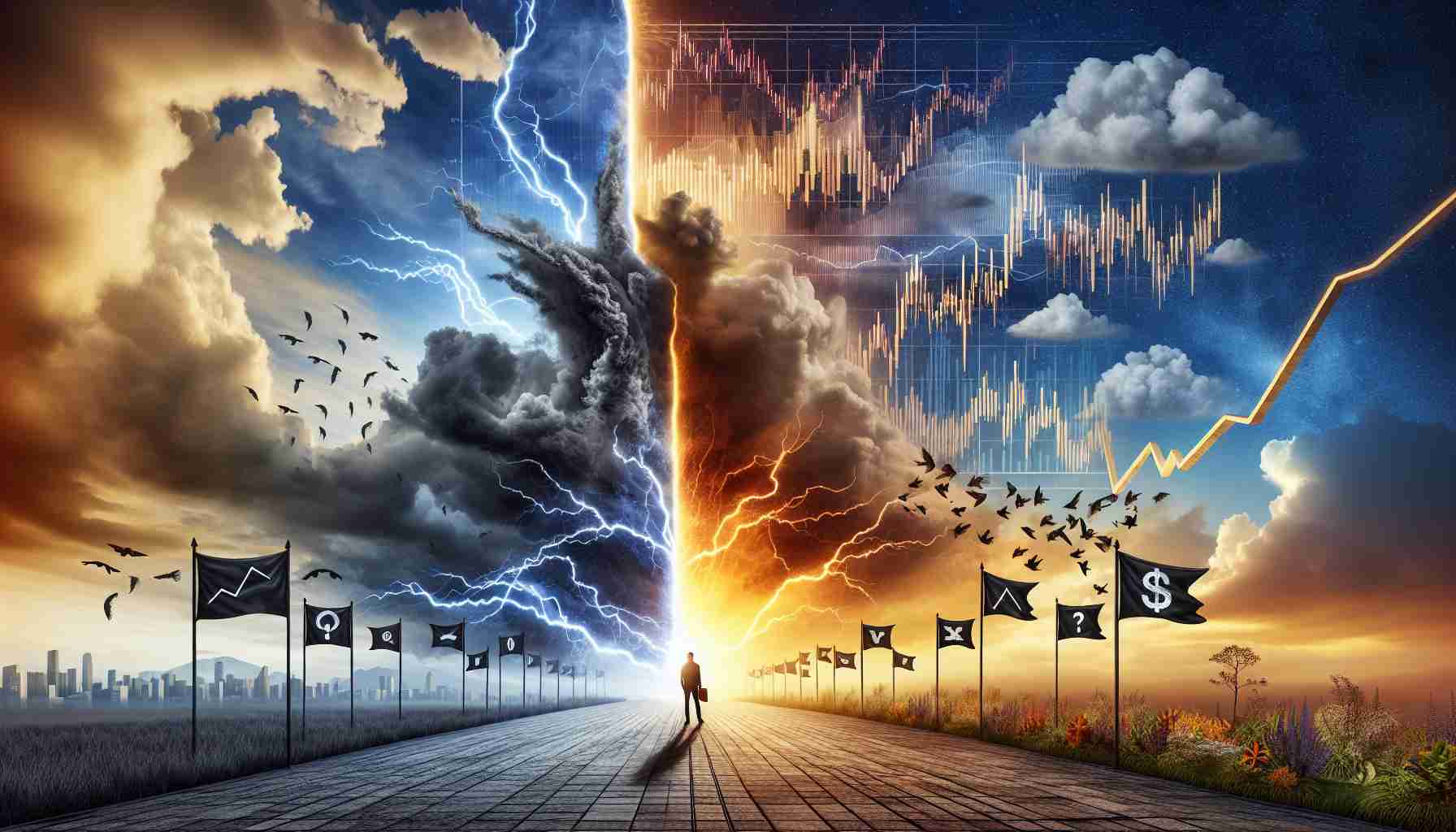 A high-definition, realistic image showcasing the concept of a revolution in the metaphorical form. An image with contrasting elements representing peace and turbulence. In the sky, dense dark clouds burst open with dramatic flashes of lightning, while the other half is calm with a warm sunrise, portraying the drastic changes imitating revolution. On the ground, symbols of stock market surprises, such as plummeting graphs and soaring charts, are illustrated on banners held by symbolic figures, emphasizing aspects of the financial world that are unexpected and cannot be ignored.