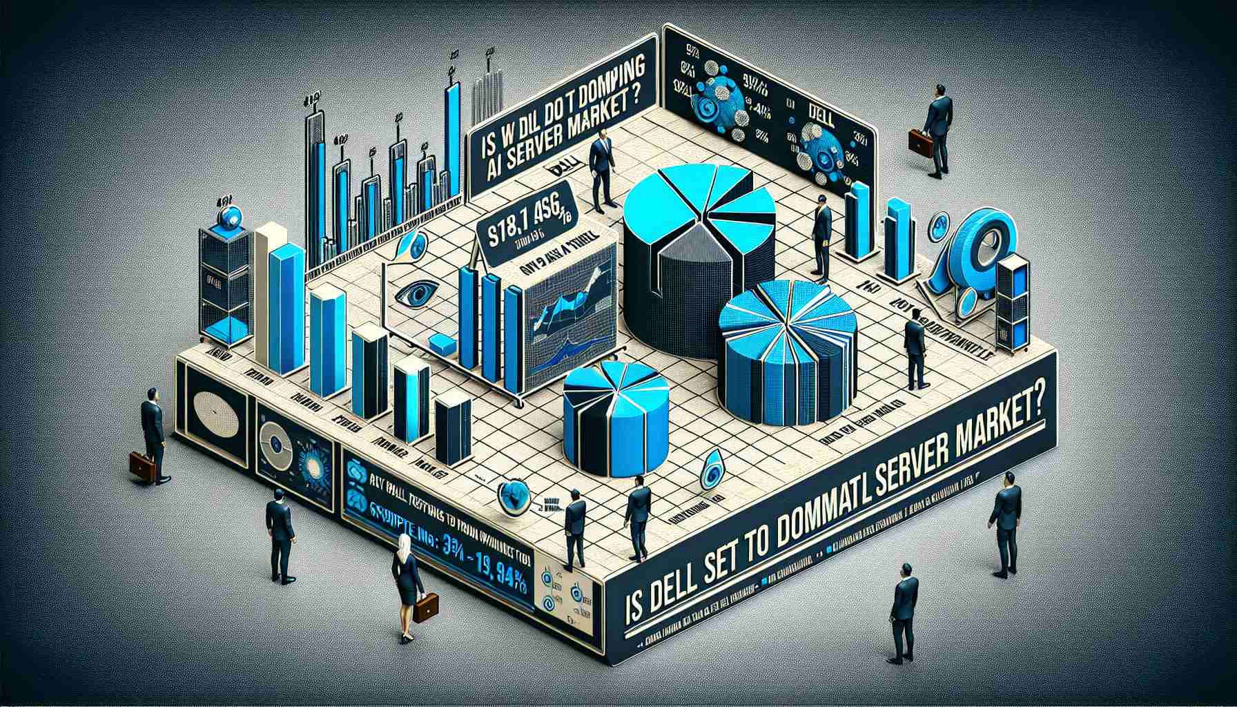 An illustrative representation of data related to the AI server market, with focus on Dell's position and growth. Pie charts, bar graphs, and other figures, should suggest a surprising positive trend for Dell. Use a style that mimics a high definition, realistic photo, sticking to business-like colors: blues, greys, whites. Add a big, eye-catching question posed in bold, 'Is Dell Set to Dominate the AI Server Market?'