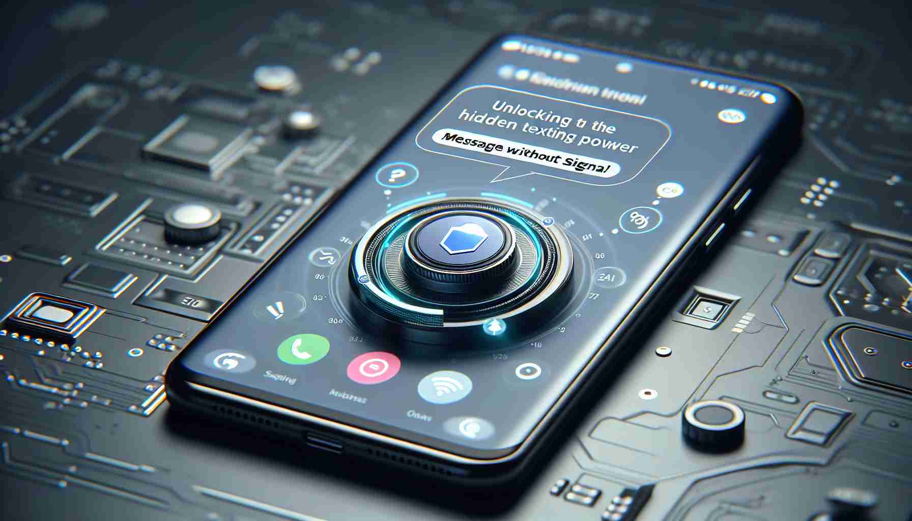 Render an image showcasing a realistic, high-definition scenario of unlocking the hidden texting power of a popular touchscreen smartphone. The phone is displaying a function that allows for messaging without signal, as indicated by icons on the screen. The background of the scene is a close-up of the phone with its screen clearly visible, showing the message without signal feature activated.