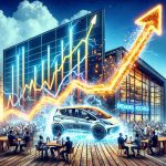 Generate a realistic high-definition picture that depicts the concept of a massive sales surge. Visualize it as a symbolic representation with a line graph showing a steep upward trend, and nearby, an electric vehicle company building with neon signs flashing 'Breaking Records'. Include excitement and dynamism in the image, with sparks flying off the sign and employees looking thrilled and busy.