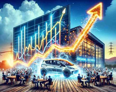 Generate a realistic high-definition picture that depicts the concept of a massive sales surge. Visualize it as a symbolic representation with a line graph showing a steep upward trend, and nearby, an electric vehicle company building with neon signs flashing 'Breaking Records'. Include excitement and dynamism in the image, with sparks flying off the sign and employees looking thrilled and busy.