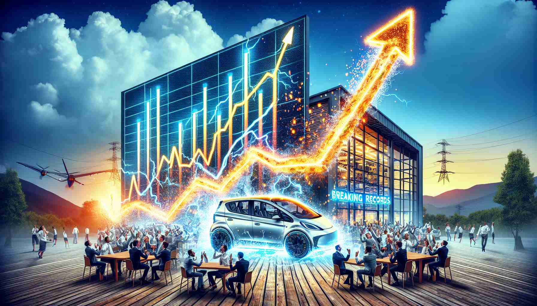 Generate a realistic high-definition picture that depicts the concept of a massive sales surge. Visualize it as a symbolic representation with a line graph showing a steep upward trend, and nearby, an electric vehicle company building with neon signs flashing 'Breaking Records'. Include excitement and dynamism in the image, with sparks flying off the sign and employees looking thrilled and busy.