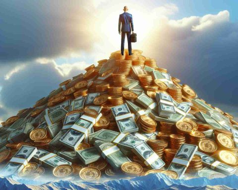 A detailed and realistic high-definition illustration representing the concept of astounding wealth growth. Symbolize this with an image of an unidentified businessman standing at the top of a mountain made of cash and gold coins, signifying a net worth surpassing $400 billion.