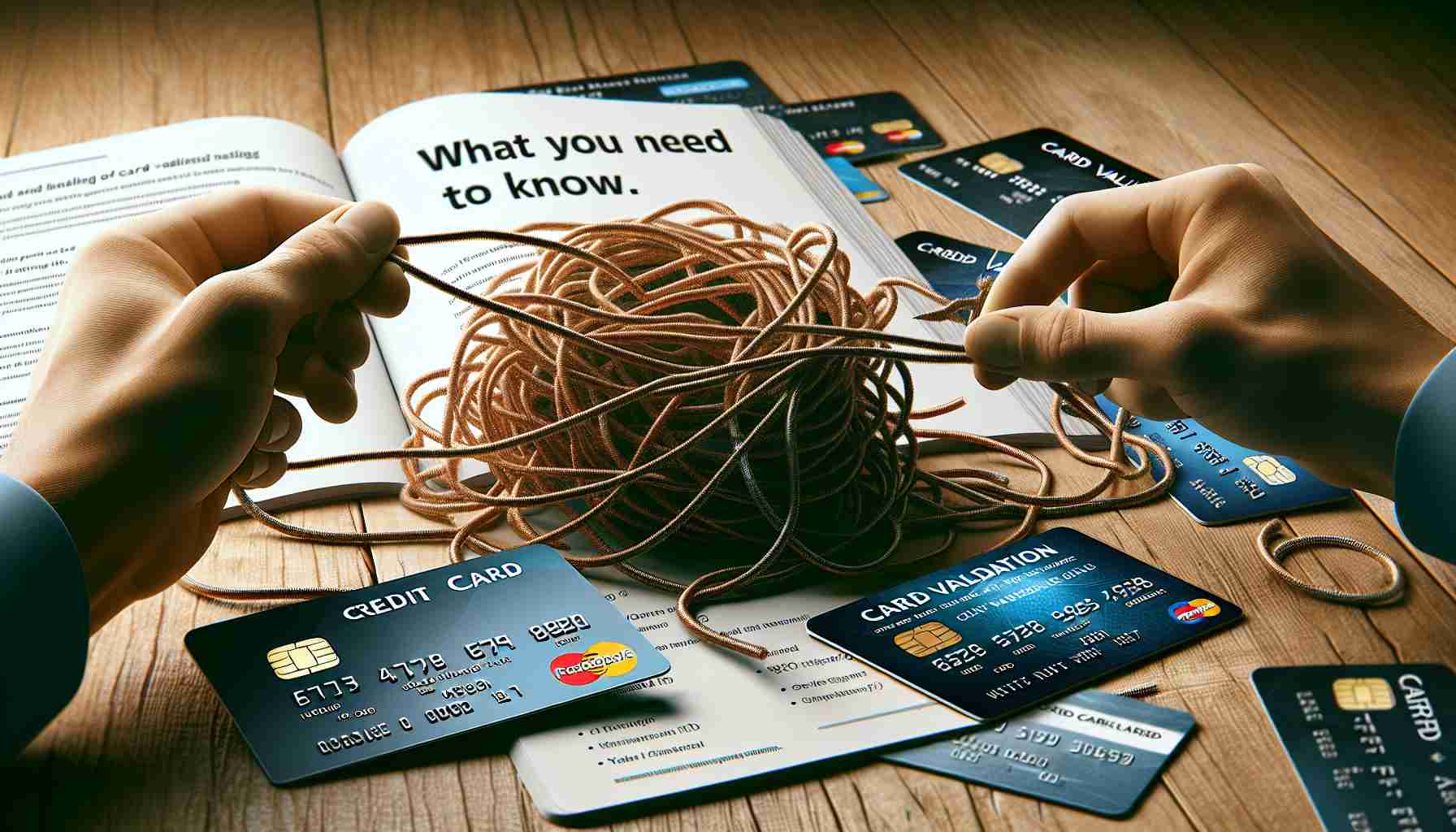 A high-definition, realistic photo of a concept relating to unraveling card validation issues. It should present a visual metaphor that signifies understanding and problem-solving, perhaps featuring a tangled string being untwined by a pair of hands, some credit cards nearby, and a few scattered papers that have information about card validation techniques, protocols, and common issues written on them. A book titling 'What You Need to Know' lies open in the background. The mood should be of discovery and elucidation.