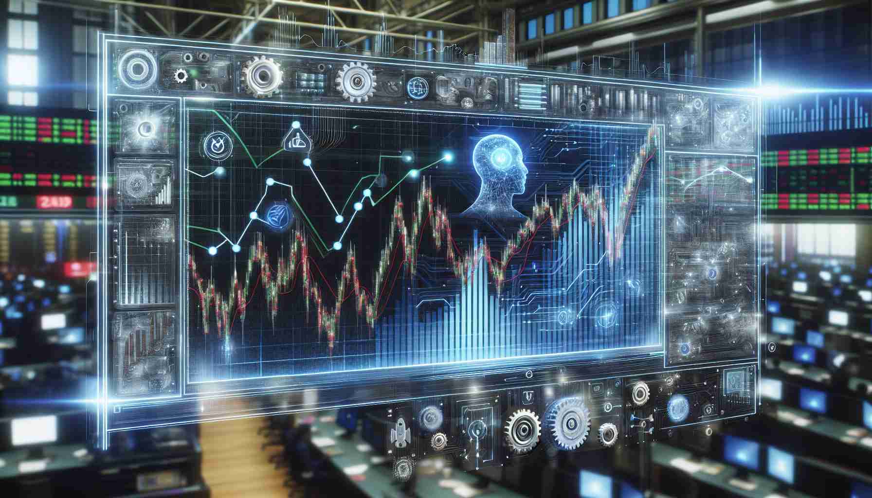 Realistic high-definition image depicting the metaphorical concept of AI's influence on stock market dynamics. Envision a futuristic digital screen displaying a graph of fluctuating stocks, interspersed with symbols and images representing AI technology, such as gears, microchips, neural networks and lines of code. This can be juxtaposed against the background of a busy stock exchange floor for added context.