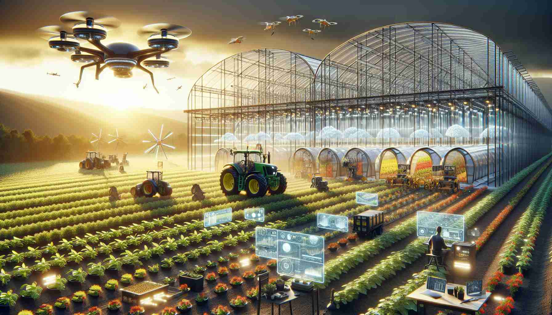 High-definition, realistic image depicting the revolution of modern agriculture. Visualize a technologically advanced farm with inventive machinery for planting and harvesting, including automated tractors and drones for crop management. Incorporate into the scene futuristic greenhouses with optimized light and temperature control systems to grow plants year-round. Introduce an element of digital technology, like virtual data screens displaying crop health and schedules, showing how technology is reshaping farming practices for a more sustainable future.