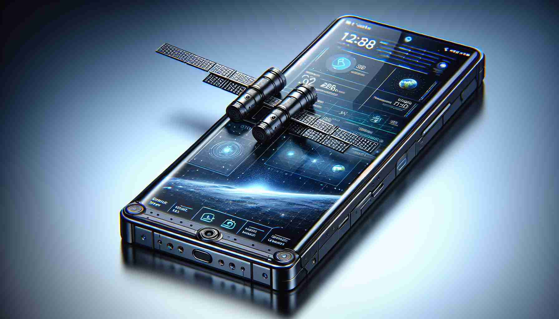 Realistic high definition image of a revolutionary modern smartphone model with triple-network satellite connectivity features. This phone should be noticeably sleek and state-of-the-art, showcasing the latest in mobile technology.