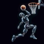 A high-definition, realistic image of an extraordinary basketball-playing robot. The machine is designed with a sleek, metallic body, exhibits an advanced level of agility and precision. It’s in the middle of action, shooting a basketball into the hoop with impeccable accuracy, showcasing the achievement of a remarkable record.